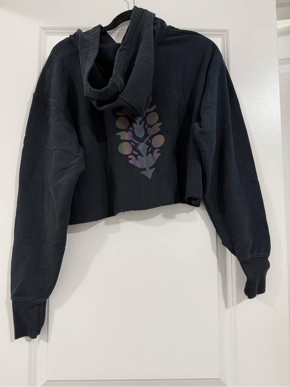 Free People Black Cropped Hoodie with Iridescent Floral Motif